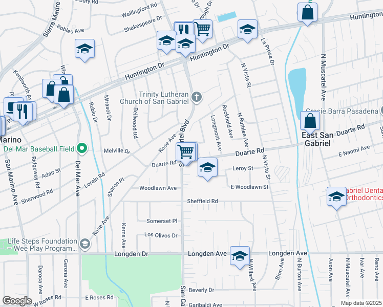 map of restaurants, bars, coffee shops, grocery stores, and more near 8221 Duarte Road in San Gabriel