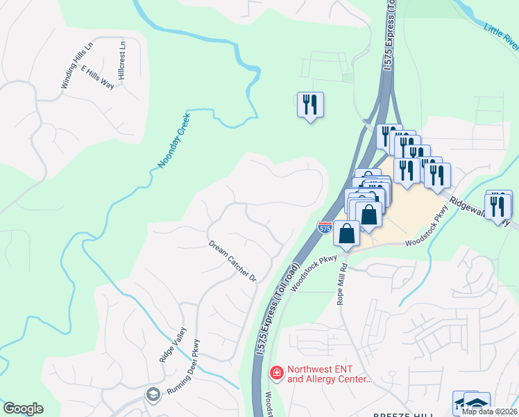 map of restaurants, bars, coffee shops, grocery stores, and more near 4100 Dream Catcher Drive in Woodstock