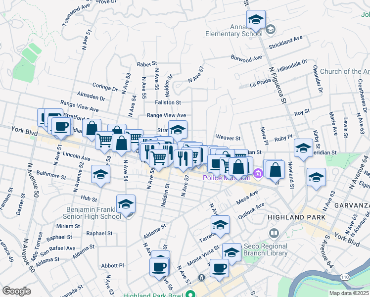 map of restaurants, bars, coffee shops, grocery stores, and more near 5666 Meridian Street in Los Angeles