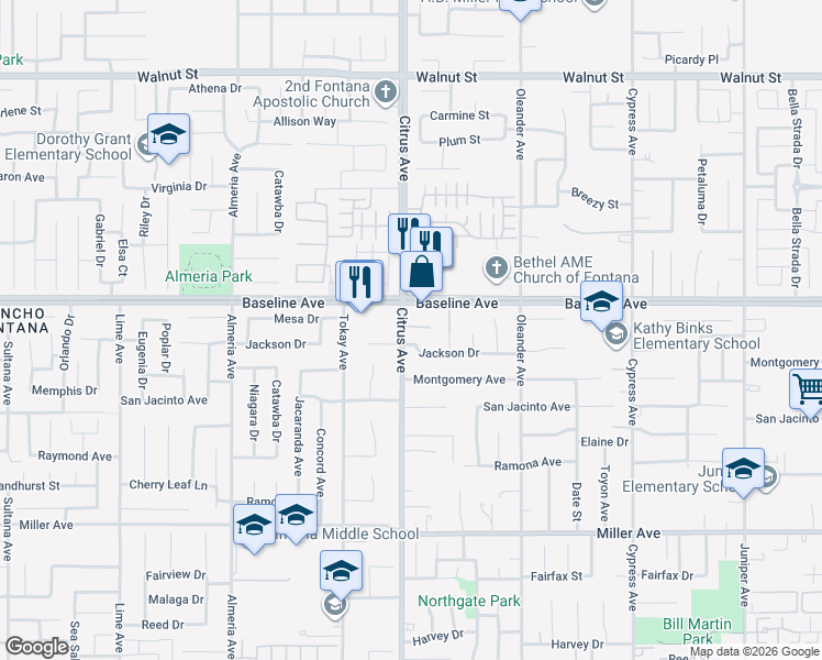map of restaurants, bars, coffee shops, grocery stores, and more near 7353 Citrus Avenue in Fontana