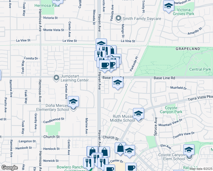 map of restaurants, bars, coffee shops, grocery stores, and more near 7344 Greenhaven Avenue in Rancho Cucamonga