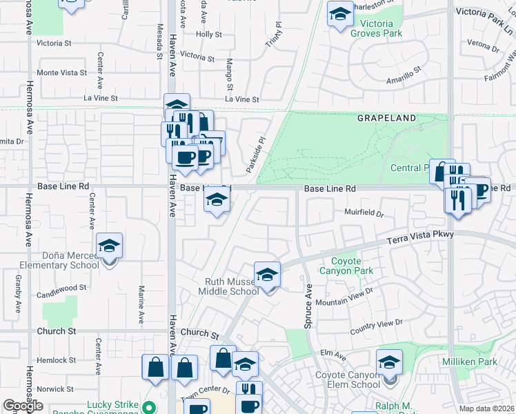 map of restaurants, bars, coffee shops, grocery stores, and more near 10754 Edgewood Court in Rancho Cucamonga
