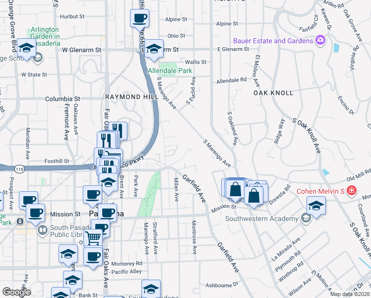 map of restaurants, bars, coffee shops, grocery stores, and more near 604 Garfield Avenue in South Pasadena