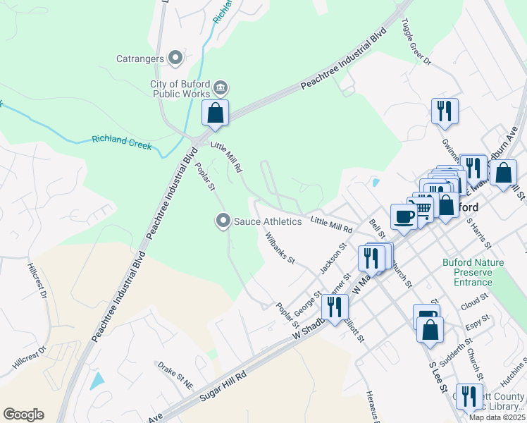 map of restaurants, bars, coffee shops, grocery stores, and more near 560 Wilbanks Street in Buford