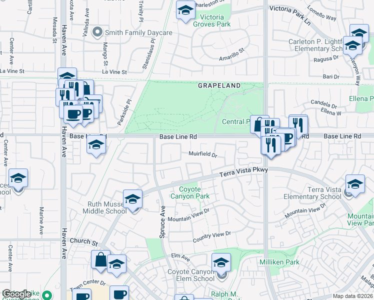 map of restaurants, bars, coffee shops, grocery stores, and more near 7355 Springmill Place in Rancho Cucamonga