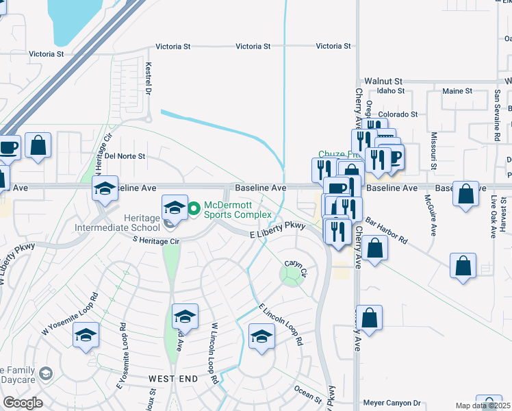 map of restaurants, bars, coffee shops, grocery stores, and more near 14185 Rideout Court in Fontana