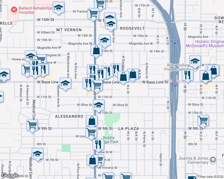 map of restaurants, bars, coffee shops, grocery stores, and more near North Garner Avenue in San Bernardino