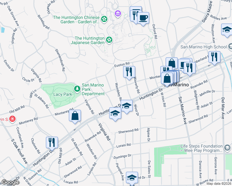 map of restaurants, bars, coffee shops, grocery stores, and more near 1511 Wembley Road in San Marino