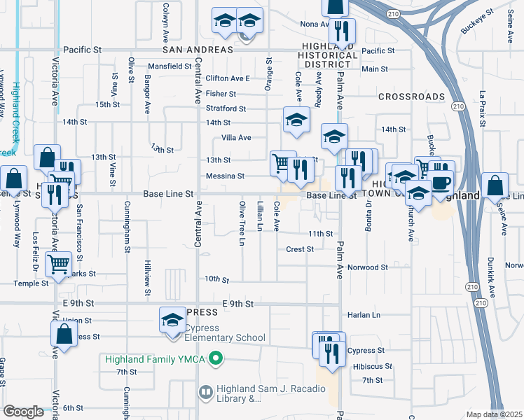 map of restaurants, bars, coffee shops, grocery stores, and more near 7341 Lillian Lane in Highland