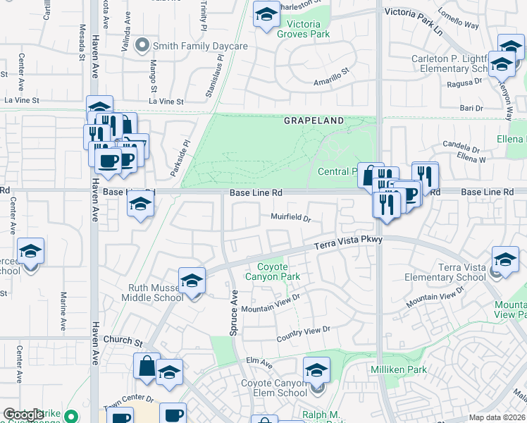map of restaurants, bars, coffee shops, grocery stores, and more near 7355 Springmill Place in Rancho Cucamonga