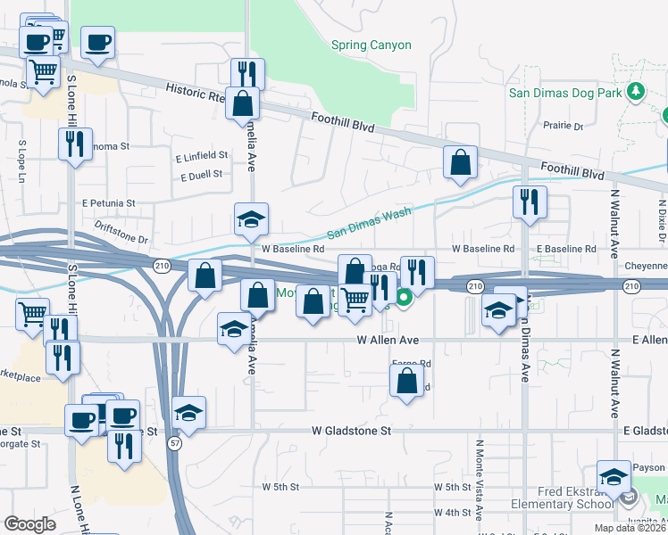 map of restaurants, bars, coffee shops, grocery stores, and more near 514 Conestoga Road in San Dimas