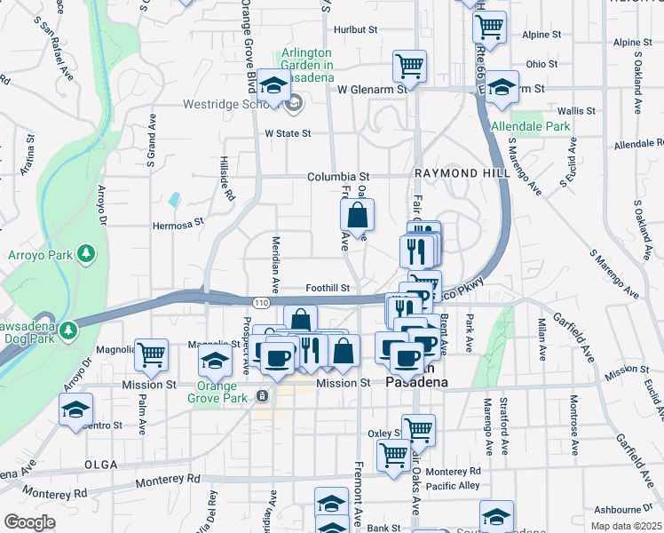 map of restaurants, bars, coffee shops, grocery stores, and more near 1121 Buena Vista Street in South Pasadena