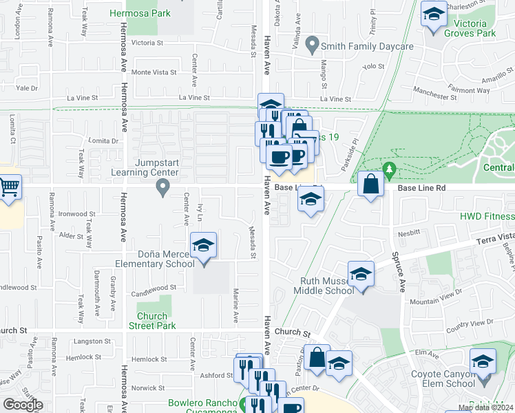 map of restaurants, bars, coffee shops, grocery stores, and more near 7361 Sago Court in Rancho Cucamonga