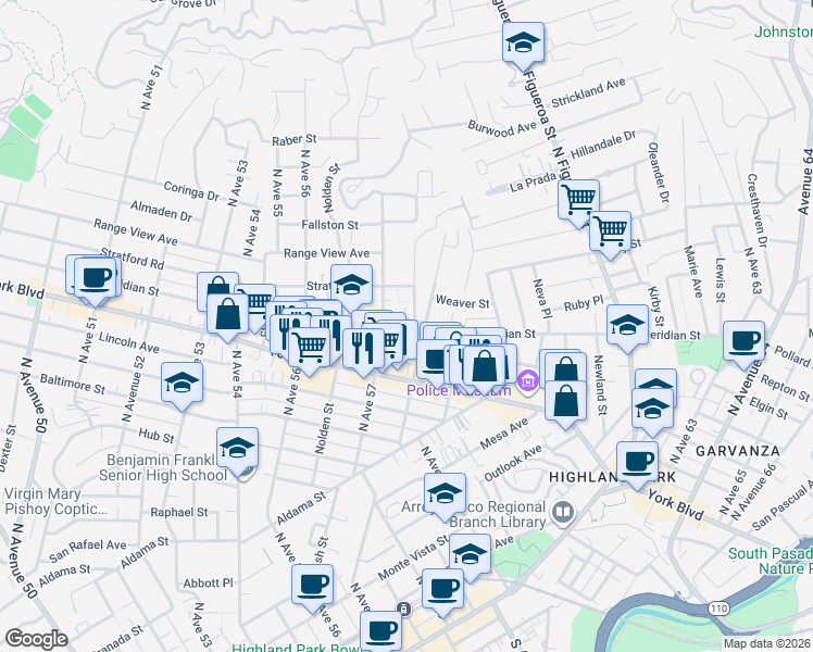 map of restaurants, bars, coffee shops, grocery stores, and more near 5722 Meridian Street in Los Angeles