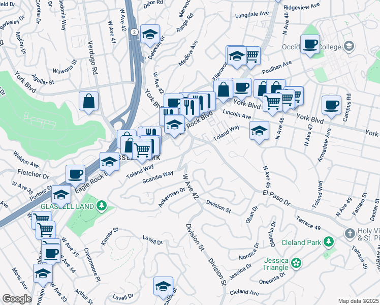 map of restaurants, bars, coffee shops, grocery stores, and more near 4176 Toland Way in Los Angeles