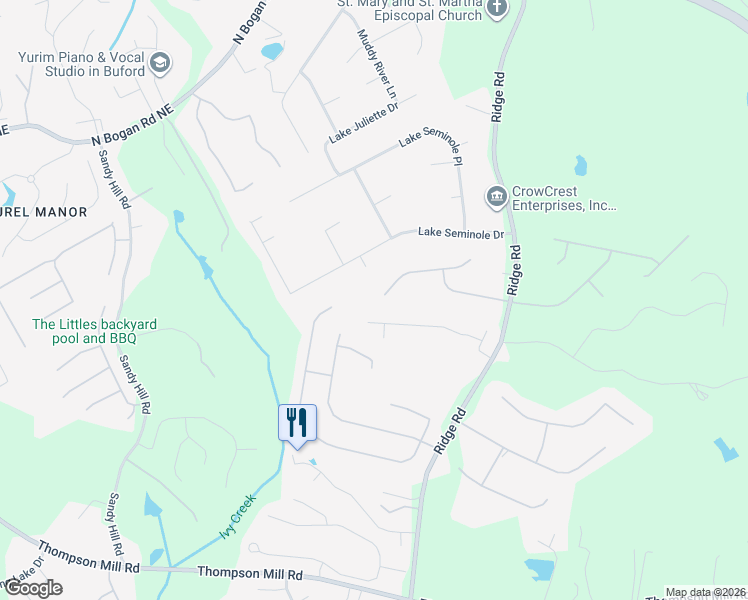 map of restaurants, bars, coffee shops, grocery stores, and more near 3600 Morgans Ridge Court in Buford