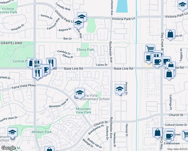 map of restaurants, bars, coffee shops, grocery stores, and more near 7350 Freedom Place in Rancho Cucamonga