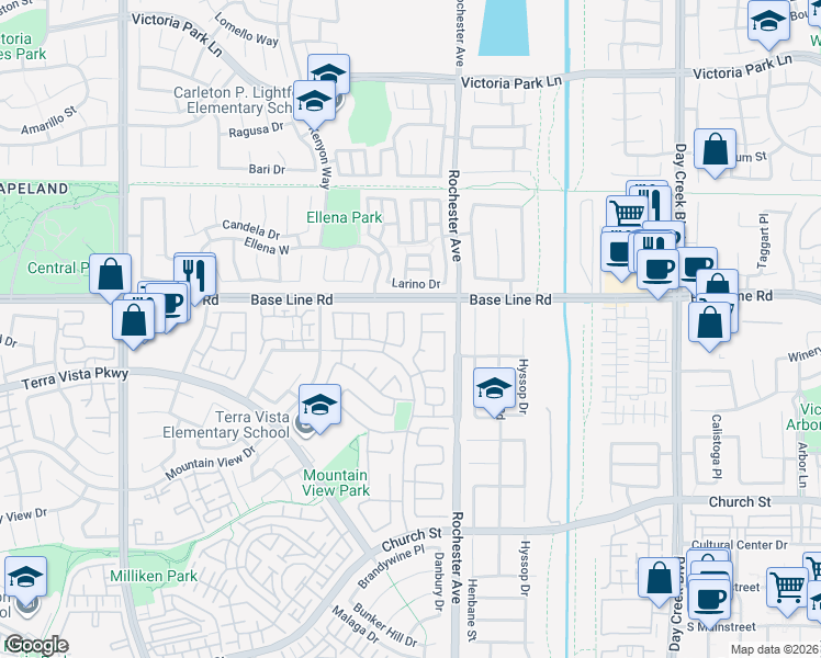map of restaurants, bars, coffee shops, grocery stores, and more near 7355 Washington Place in Rancho Cucamonga