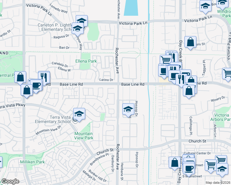 map of restaurants, bars, coffee shops, grocery stores, and more near 7359 Correspondence Place in Rancho Cucamonga