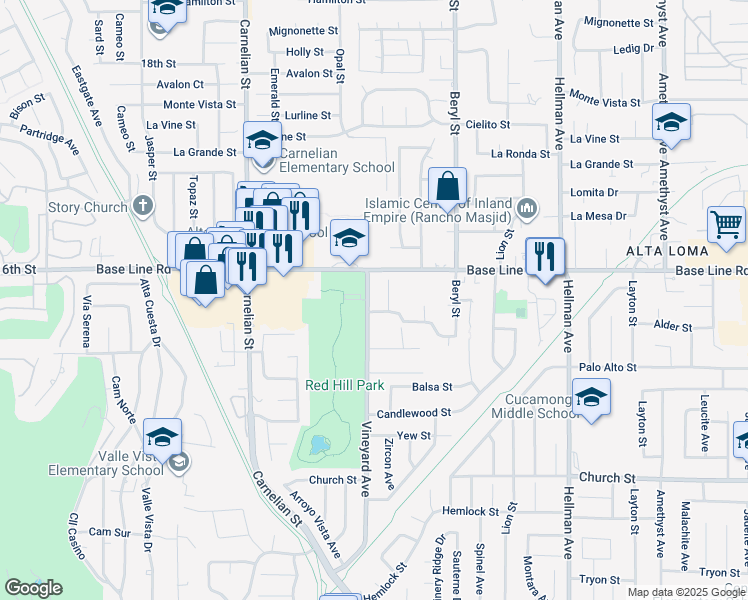 map of restaurants, bars, coffee shops, grocery stores, and more near 7355 Vineyard Avenue in Rancho Cucamonga