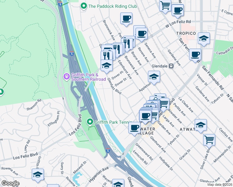 map of restaurants, bars, coffee shops, grocery stores, and more near 3841 Glenfeliz Boulevard in Los Angeles