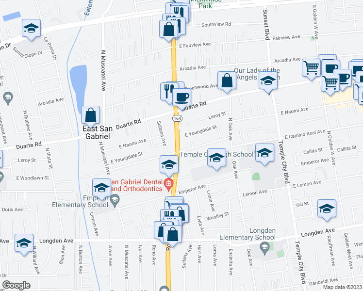 map of restaurants, bars, coffee shops, grocery stores, and more near 6710 Rosemead Boulevard in San Gabriel