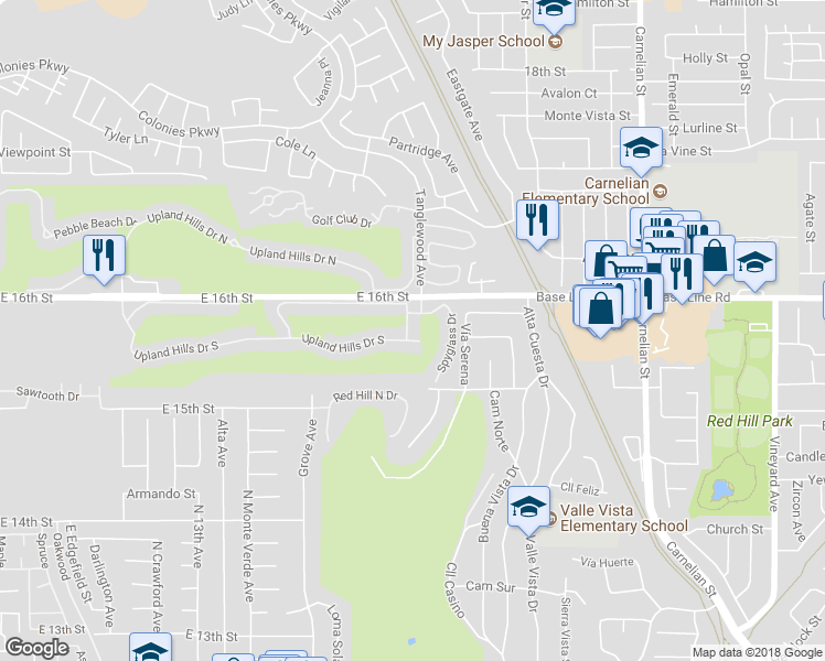 map of restaurants, bars, coffee shops, grocery stores, and more near 1568 La Quinta Drive in Upland