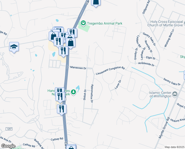map of restaurants, bars, coffee shops, grocery stores, and more near 6012 Appomattox Drive in Wilmington