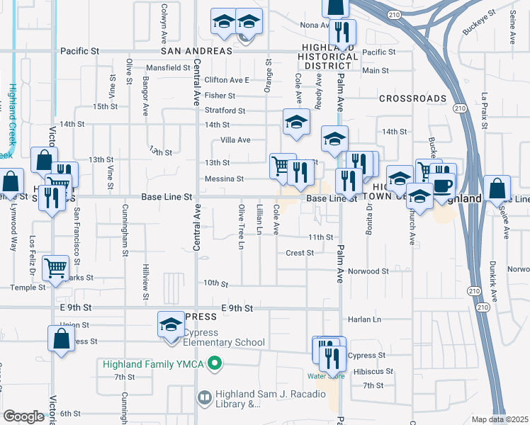 map of restaurants, bars, coffee shops, grocery stores, and more near 7344 Cole Avenue in Highland