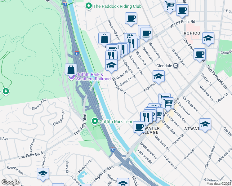 map of restaurants, bars, coffee shops, grocery stores, and more near 3844 Valleybrink Road in Los Angeles