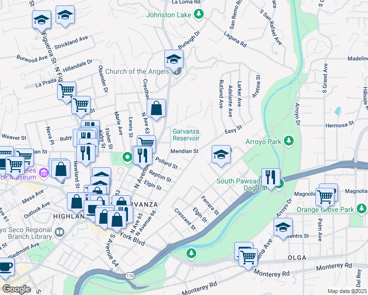 map of restaurants, bars, coffee shops, grocery stores, and more near 6533 Meridian Street in Los Angeles