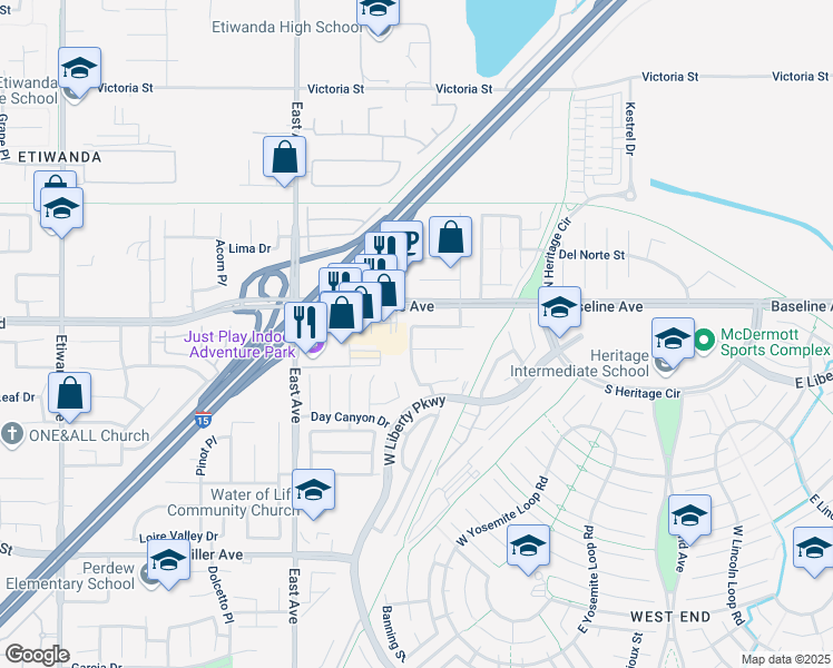 map of restaurants, bars, coffee shops, grocery stores, and more near 13539 Whipple Street in Fontana