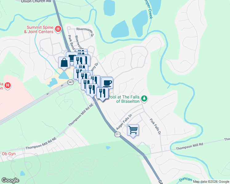 map of restaurants, bars, coffee shops, grocery stores, and more near 6353 Grand Hickory Drive in Braselton