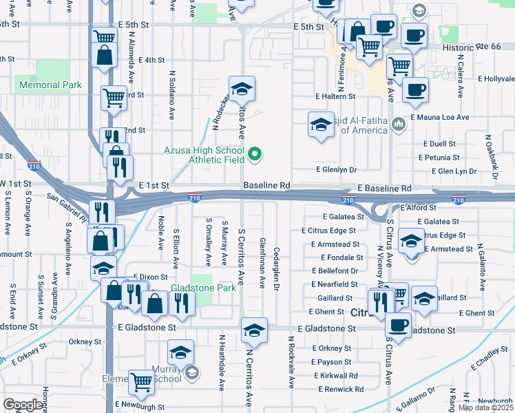 map of restaurants, bars, coffee shops, grocery stores, and more near 18024 East Alford Street in Azusa