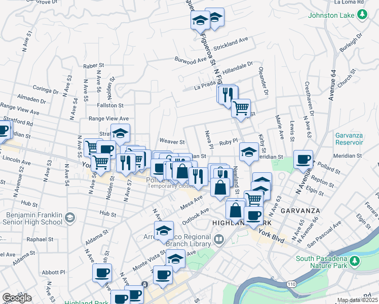 map of restaurants, bars, coffee shops, grocery stores, and more near 5921 Meridian Street in Los Angeles
