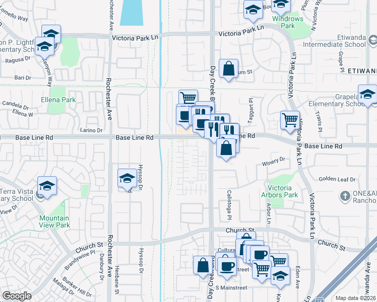 map of restaurants, bars, coffee shops, grocery stores, and more near 7475 Starry Night Place in Rancho Cucamonga