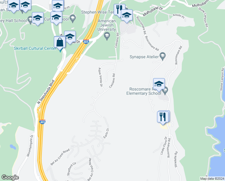 map of restaurants, bars, coffee shops, grocery stores, and more near 2716 Casiano Road in Los Angeles