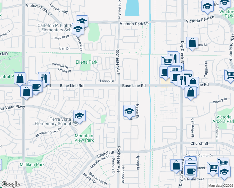 map of restaurants, bars, coffee shops, grocery stores, and more near 7359 Correspondence Place in Rancho Cucamonga