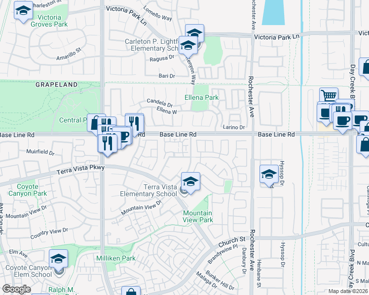 map of restaurants, bars, coffee shops, grocery stores, and more near 11561 Stoneridge Drive in Rancho Cucamonga