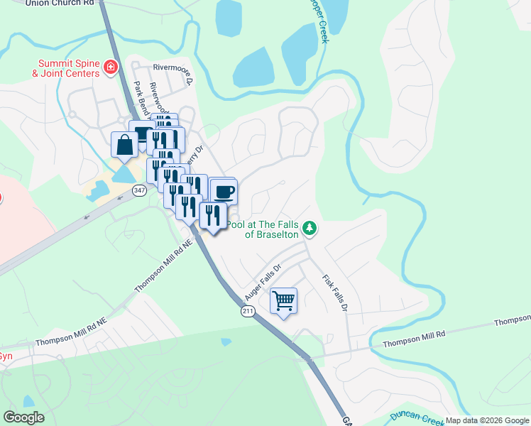 map of restaurants, bars, coffee shops, grocery stores, and more near 6479 Whitebeam Trail in Braselton