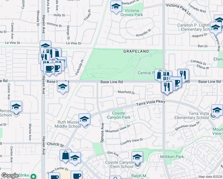 map of restaurants, bars, coffee shops, grocery stores, and more near 7346 Springmill Place in Rancho Cucamonga