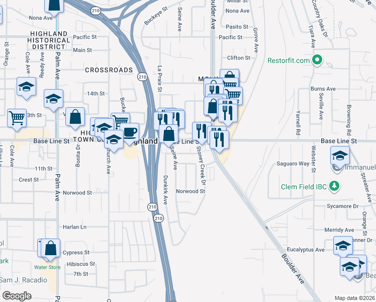 map of restaurants, bars, coffee shops, grocery stores, and more near 27810 Pluto Street in Highland