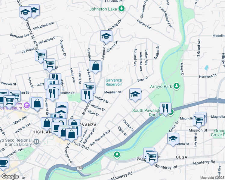 map of restaurants, bars, coffee shops, grocery stores, and more near 6533 Meridian Street in Los Angeles