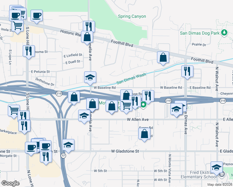 map of restaurants, bars, coffee shops, grocery stores, and more near 514 Conestoga Road in San Dimas