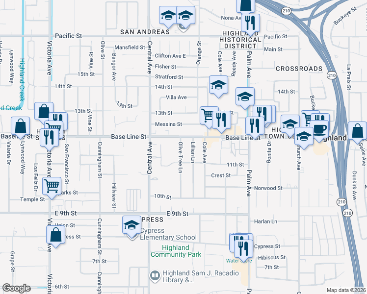 map of restaurants, bars, coffee shops, grocery stores, and more near 7343 Olive Tree Lane in Highland
