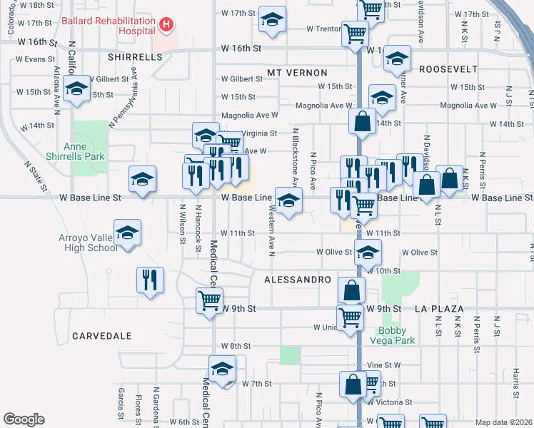 map of restaurants, bars, coffee shops, grocery stores, and more near 1156 Western Avenue North in San Bernardino