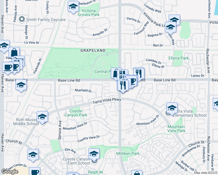 map of restaurants, bars, coffee shops, grocery stores, and more near 7331 Belpine Place in Rancho Cucamonga