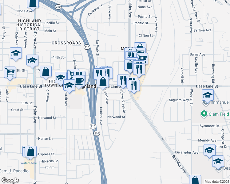 map of restaurants, bars, coffee shops, grocery stores, and more near 27798 Pluto Street in Highland