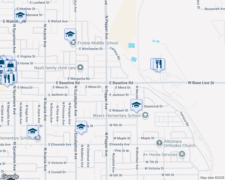 map of restaurants, bars, coffee shops, grocery stores, and more near 917 East Mesa Drive in Rialto