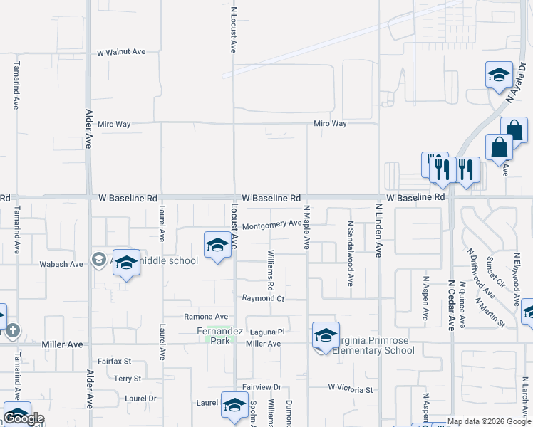 map of restaurants, bars, coffee shops, grocery stores, and more near 18179 Grove Place in Fontana